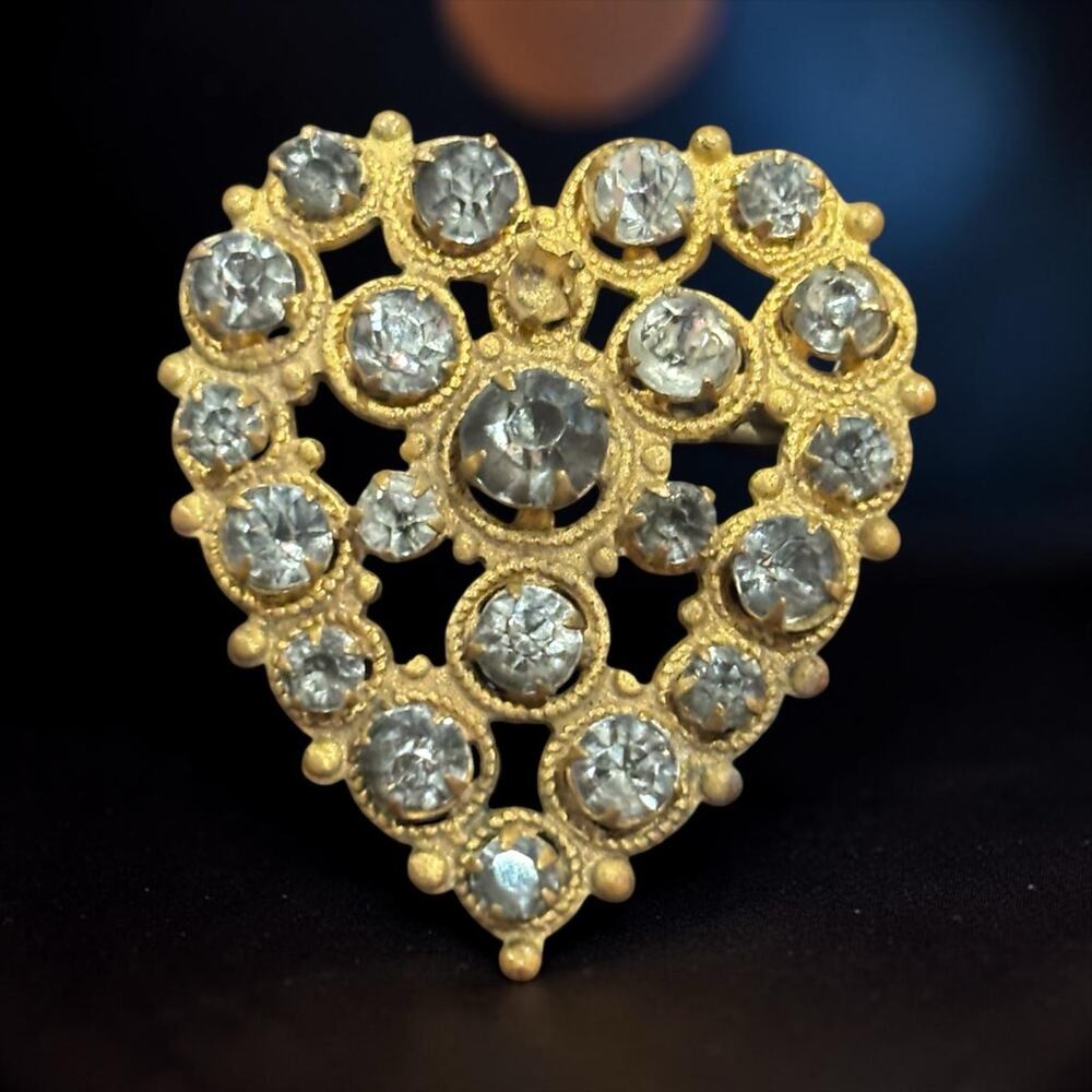 Antique Paste Rhinestone Heart Brooch Romantic Gilt Gold Tone Openwork Pin